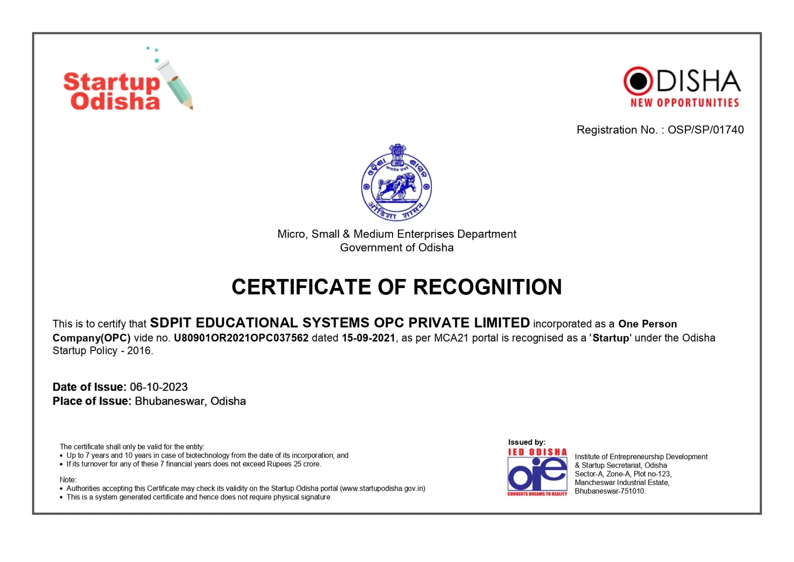 SDPIT recognized by StartUpOdisha with Certificate No. OSP/SP/01740 on 06/10/2023